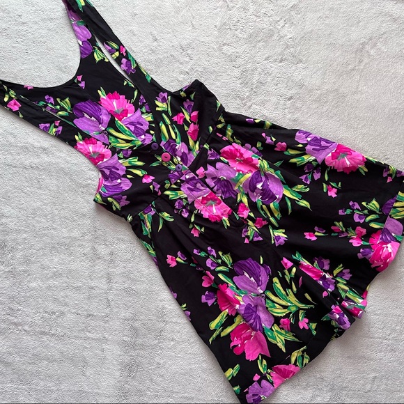 Vintage Pants - VTG 80s 90s Young Edwardian Arpeja One-Piece Romper Playsuit Floral Black